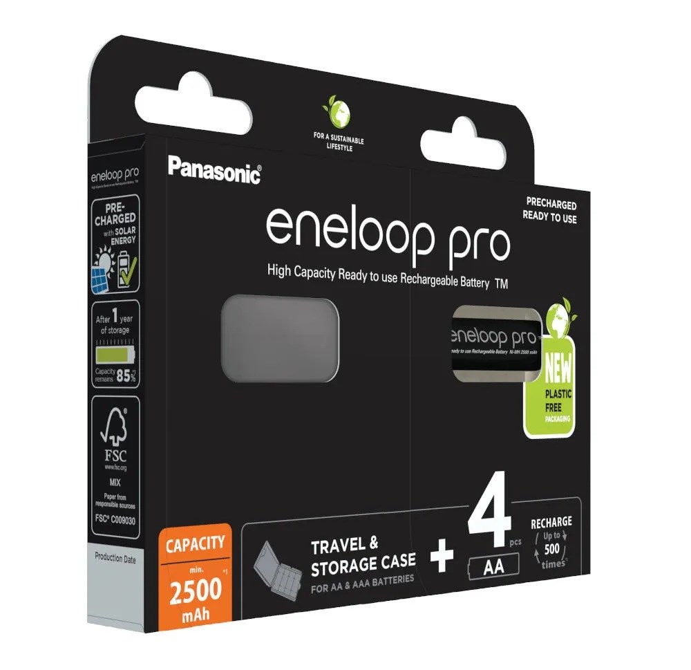 Genopladelige batterier PANASONIC ENELOOP PRO AA 2500 mAh 4 stk. + etui (BK-3HCDE/4CP+ETUIS)