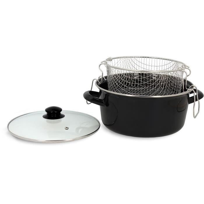 Fritös - MENASTYL - 3645580 - Emaljerat stål - Svart - 26 cm - Med lock och korg - Lämplig för alla spishällar inklusive induktion